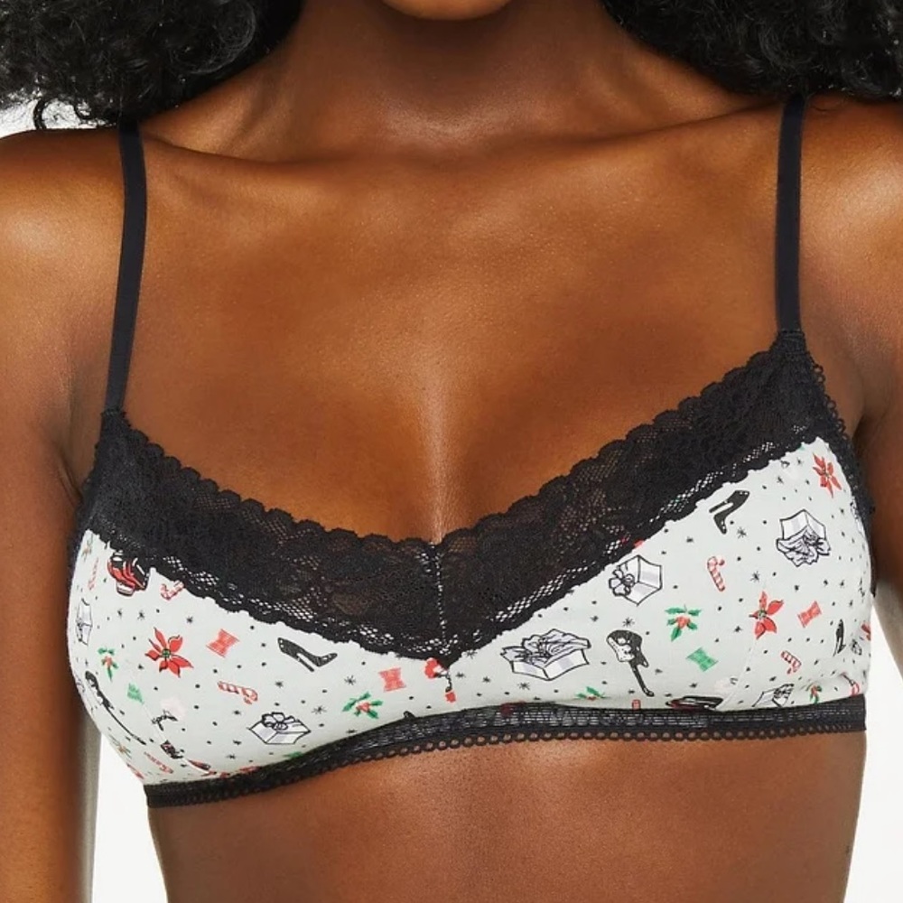 NWT Savage X Fenty Cotton Essentials‎ Lace-Trim Bralette Christmas Holiday Print